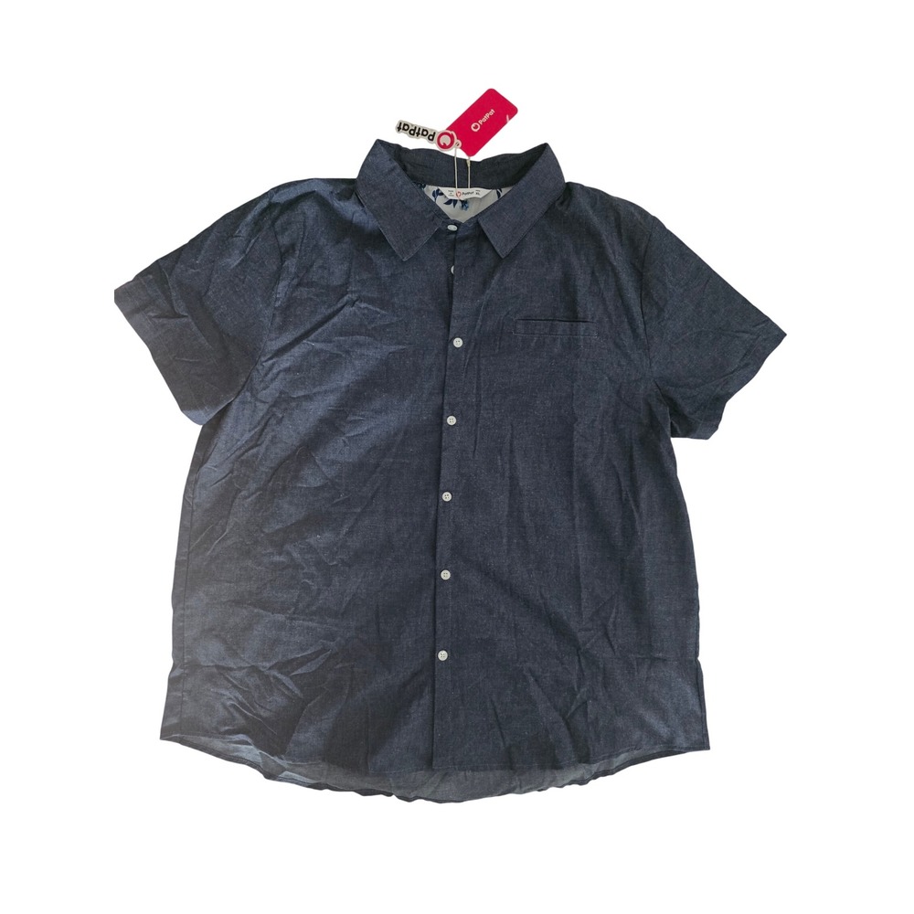 PatPat Mens XL Short Sleeve Button Down Shirt Dark Blue Cotton Stretch PS0015111